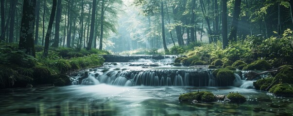 A minimalist shot of a tranquil stream flowing through a peaceful forest.