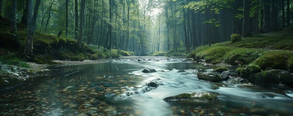 A minimalist shot of a tranquil stream flowing through a peaceful forest.