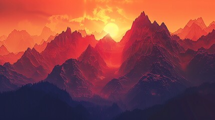 A dramatic panorama of a rugged mountain range at dusk, with jagged peaks silhouetted against the fiery hues of the setting sun.
