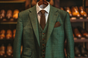 A green suit, a white shirt, a tie, and a pair of brown shoes on a hanger. Business attire.