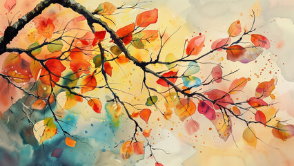 Nature’s Palette: Watercolor Painting of Colorful Tree Leaves