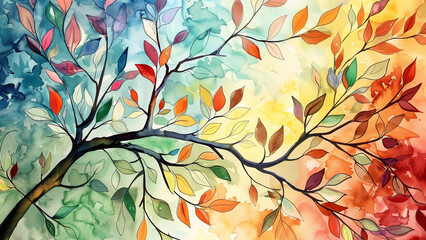 Nature’s Palette: Watercolor Painting of Colorful Tree Leaves