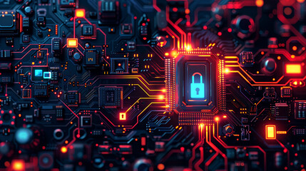 Internet cyber security concept. Digital lock protection from viruses and malware. a close-up view of a computer motherboard with intricate details - obrazy, fototapety, plakaty