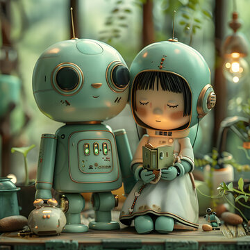 Little robot doll and young girl sitting and reading a book