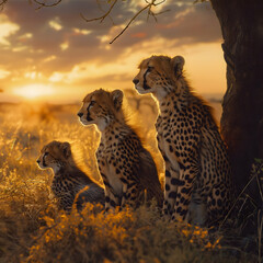 Family of three cheetahs at sunset