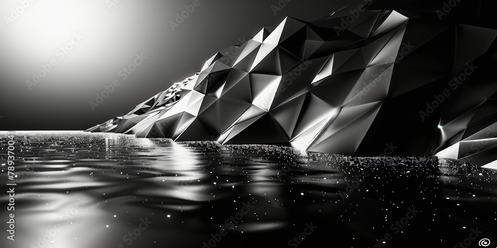 Poster monochromatic abstract pattern of geometric shapes resembling crystals or mountains reflected on a w