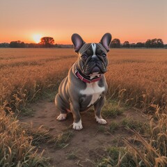 French bulldog in the field at sunset.
