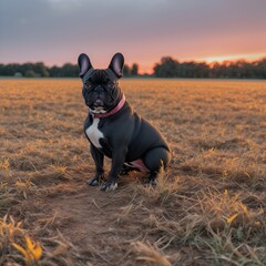 French bulldog in the field at sunset.