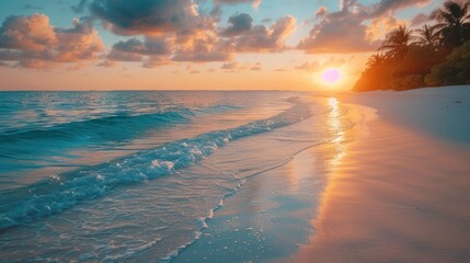 Maldives Dream Honeymoon: Sunrise Beach with Dreamlike Shoreline for Summer Background - obrazy, fototapety, plakaty