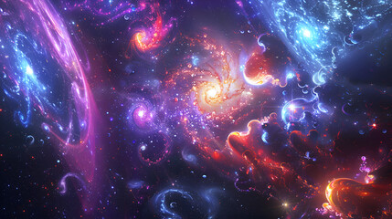 Vibrant Bursts Of Neon Colors Dancing In A Cosmic Symphony Against A Backdrop Of Swirling Galaxies And Celestial Bodies