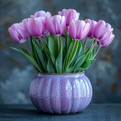 A beautiful bouquet of purple tulips in a purple vase.