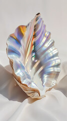Iridescent seashell displaying a vibrant play of colors, accentuated by the soft shadows and light, ideal for natural and aesthetic themes.