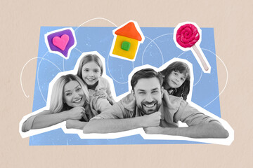 Composite collage image of cute adorable family parents two little daughters have fun spend time together weird freak bizarre unusual - obrazy, fototapety, plakaty