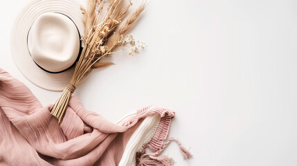 Elegant white hat and dried flowers on a soft pink fabric, capturing a serene and aesthetic mood ideal for fashion or home decor visuals.
