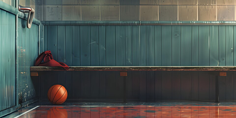 A basketball court with a basket ball on the wall. - obrazy, fototapety, plakaty
