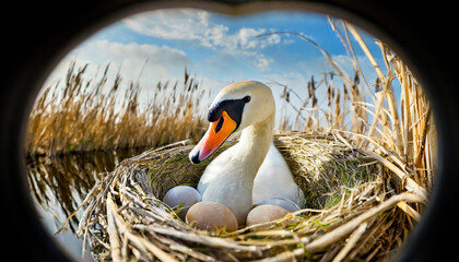 Binoculars Point of View (looking through binoculars) with a white mute swan (Cygnus Olor) while hatching the eggs in the nest made of reeds. Generative Ai.