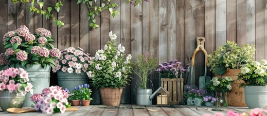 Fototapeta na wymiar Gardening equipment and blooming spring flowers on the garden terrace
