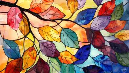 Artistic Autumn: Pastel Watercolor Stained Glass Design of a Tree