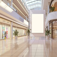 Fototapeta premium an image of a wall art mockup with a blank frame in a modern mall center, highlighting the contemporary and stylish atmosphere of the retail environment.
