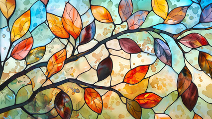 Artistic Autumn: Pastel Watercolor Stained Glass Design of a Tree