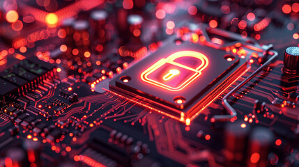 Internet cyber security concept. Digital lock protection from viruses and malware. a close-up view of a computer motherboard with intricate details - obrazy, fototapety, plakaty