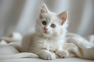 A cute smiling white kitten looks at the camera on a light background.