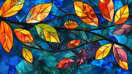 Nature’s Mosaic: Stained Glass Art of a Tree with Colorful Leaves