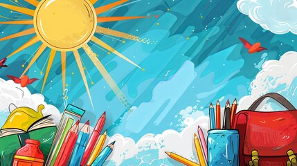 a set of different school items in the center, on the sides there is a background of the sky and sun rays. Abstract background.