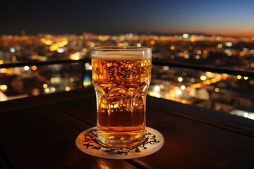 Craft beer in a rooftop overlooking the lighted city at night., generative IA