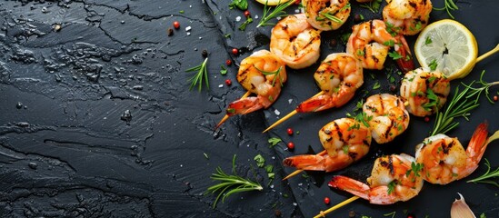 Skewered shrimp cooked on a grill with herbs, garlic, and lemon on a black stone background, with...