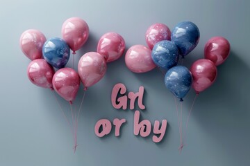 A collection of colorful balloons arranged together, with some balloons displaying the word girl...