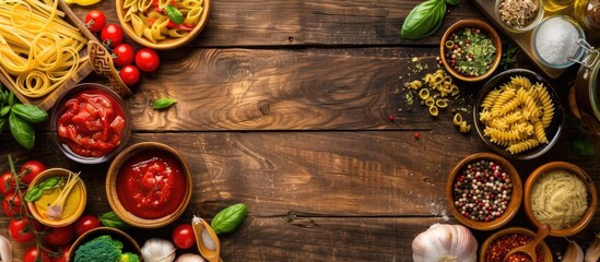 Italian cuisine cooking essentials. Pasta, veggies, seasonings. Overhead shot with room for text