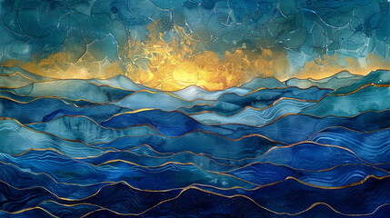 Sapphire blues cascade into golden ripples, a watercolor ocean. 