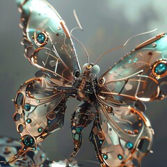 Capture the intricate details of a robotic butterflys metallic wings in a photorealistic digital rendering - obrazy, fototapety, plakaty