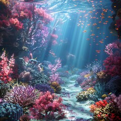 Craft a CGI 3D rendering of a serene underwater world teeming with colorful coral reefs, utilizing dynamic lighting effects to highlight the importance of ocean conservation efforts - obrazy, fototapety, plakaty