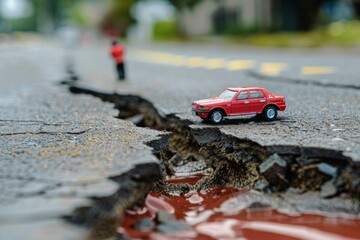 A close-up of a cracked open road with a car trapped in a crevice, emergency services at the scene attempting a rescue