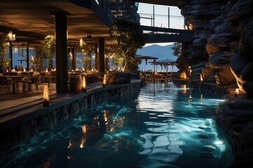 Fototapeta na wymiar Blue Lagoon in a pool bar with sun loungers and soft lights., generative IA