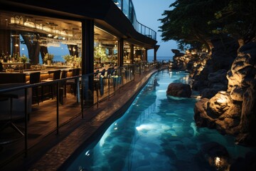 Blue Lagoon in a pool bar with sea view., generative IA