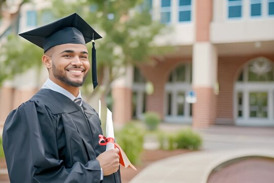Smiling young man in graduation cap and gown holding diploma with red ribbon in front of university campus. Celebrating academic success and graduation day concept. 
