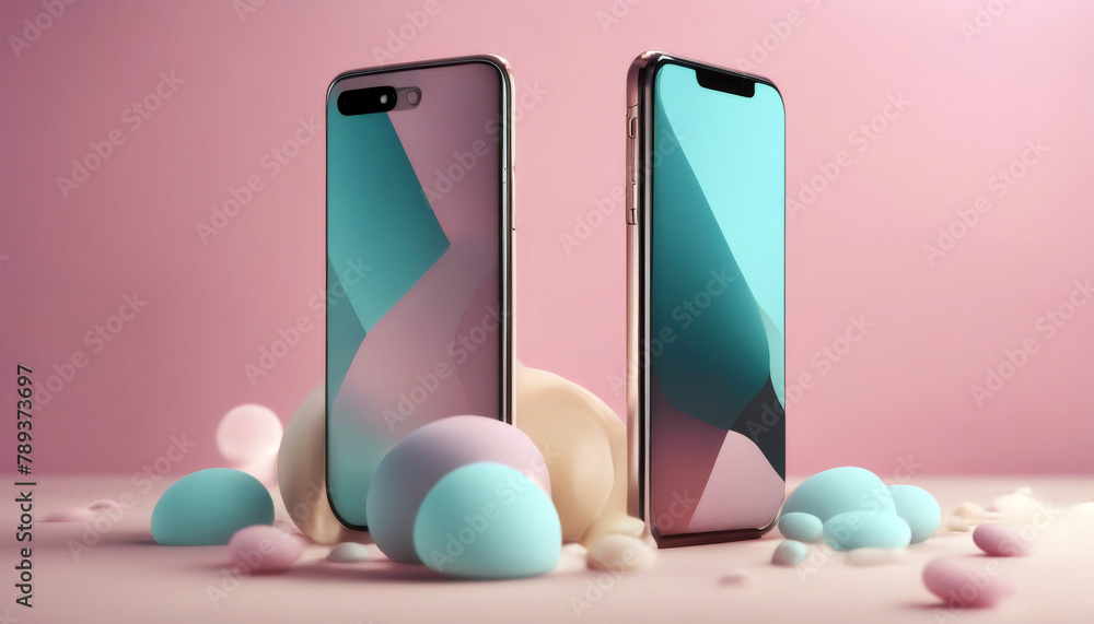 Aufkleber 3d background rendering smartphone pastel colors touch three-dimensional advertise blank blue mobile