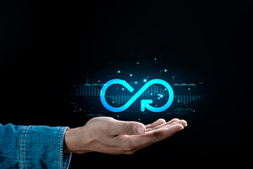 Hand holding Infinity symbol with technology marketing online icon for Circular economy and...