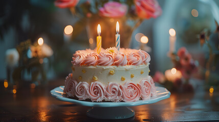 A vintage-inspired birthday cake, with retro decorations as the background, during a nostalgic celebration