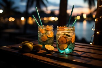 Passion fruit caipirinha in a beach kiosk with swing coconut trees and sparkling stars., generative...