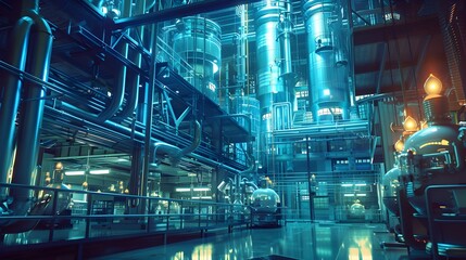 Intricate Towering Biotechnology Lab with Dramatic Low Angle 3D Rendering of Futuristic Industrial Factory Machinery and Pipes