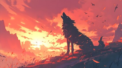 Lone Wolf s Sorrowful Howl Echoes Across the Fiery Sunset Mountains - obrazy, fototapety, plakaty
