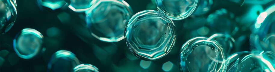 Blue textile yarns, close-up macro, antibacterial symbols glowing inside translucent bubbles, dark green background gradients - obrazy, fototapety, plakaty
