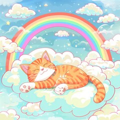 cute cartoon cat lies on the clouds, surrounded colorful rainbows