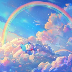 cute cat lies on the clouds, surrounded colorful rainbows. --stylize