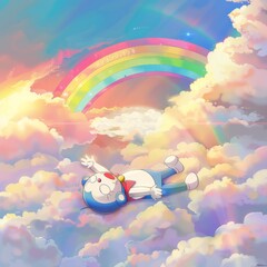 cute cat lies on the clouds, surrounded colorful rainbows. --stylize