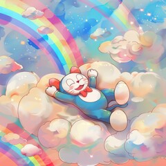 cute cartoon cat lies on the clouds, surrounded colorful rainbows